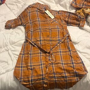 Orange Plaid Button-Up Dress